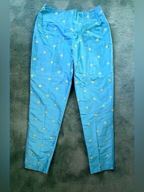 Sylvia Heisel Teal Straight-Leg Pants with Yellow Floral Embroidery